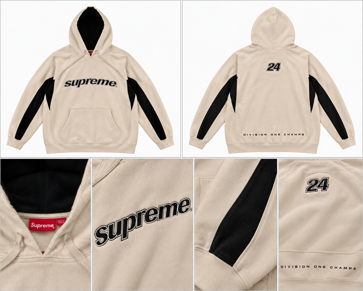 Supreme cremefarvet hoodie med sorte paneler