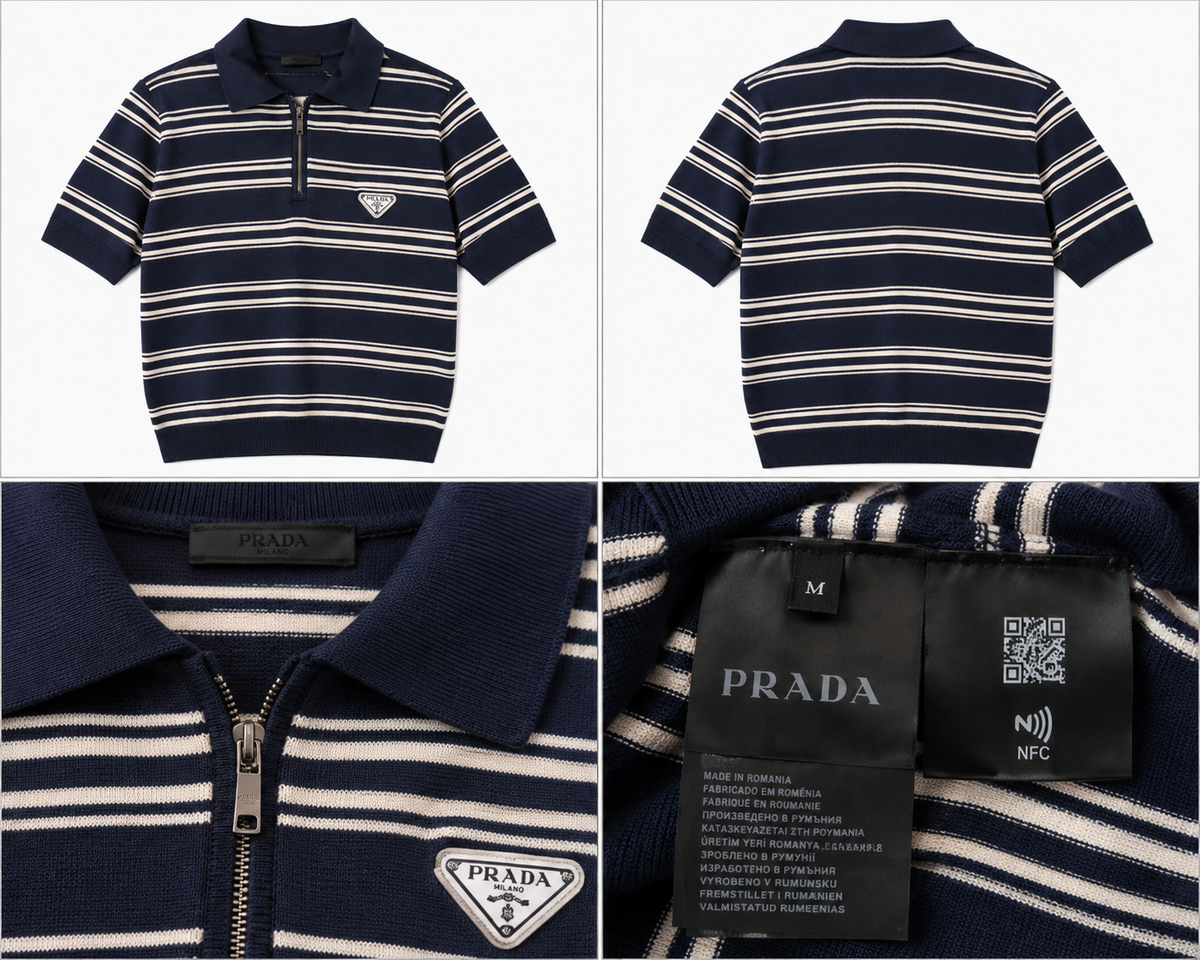 Prada marineblå stribet polo med lynlås