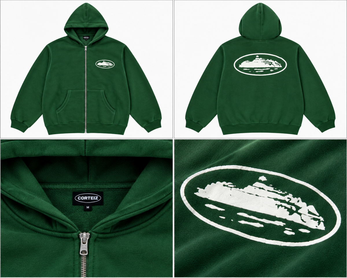 Corteiz grøn zip-hoodie med hvidt print