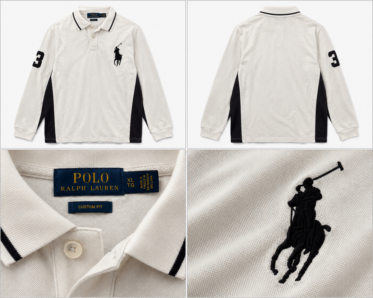 Polo Ralph Lauren hvid langærmet polo med sorte detaljer