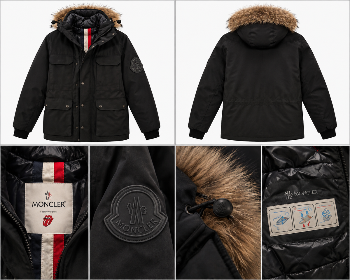 Moncler sort parka med hætte og brun kant