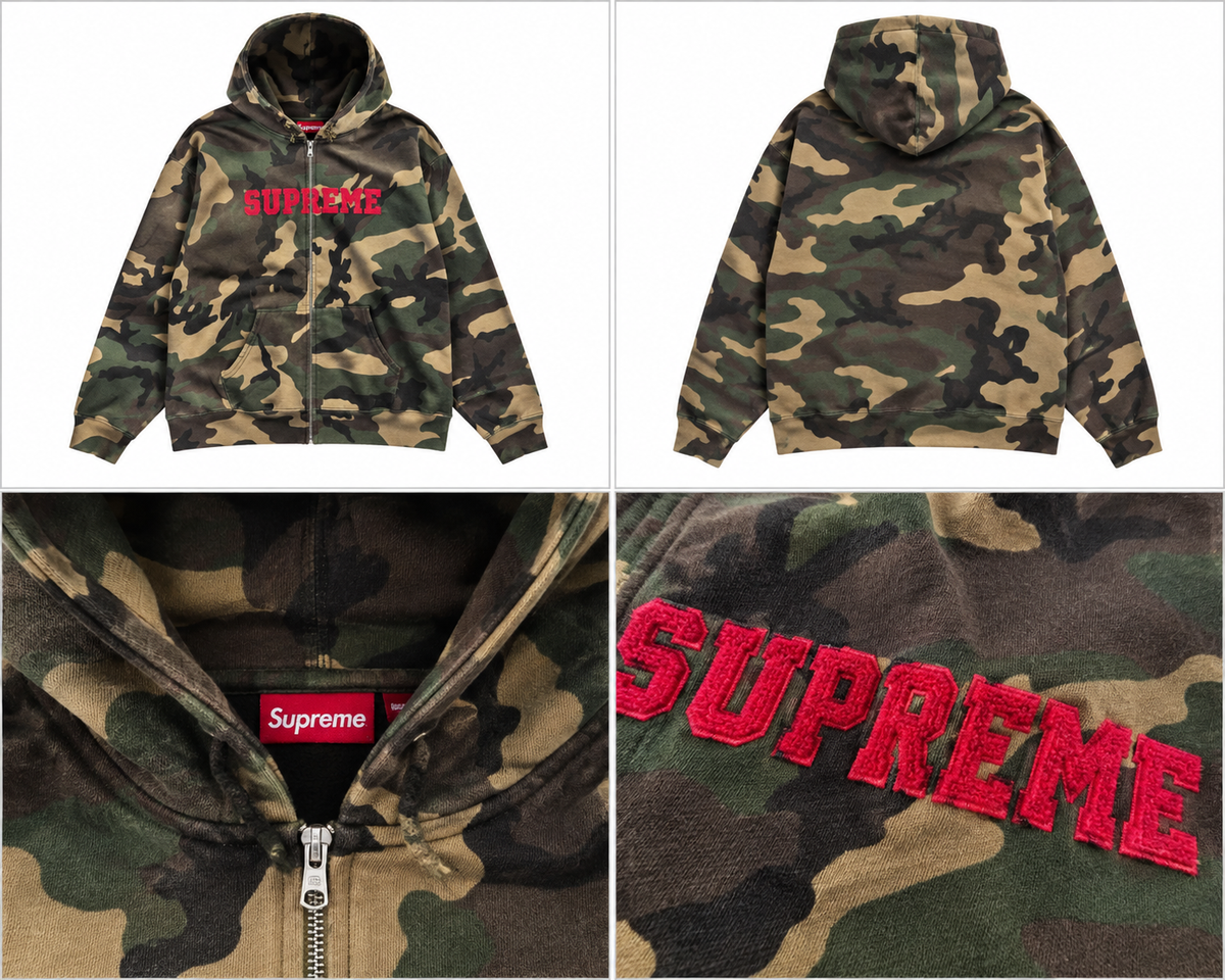 Supreme camouflage zip-hoodie med rødt logo