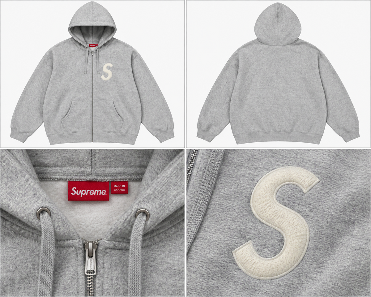 Supreme lysegrå zip-hoodie med S-logo