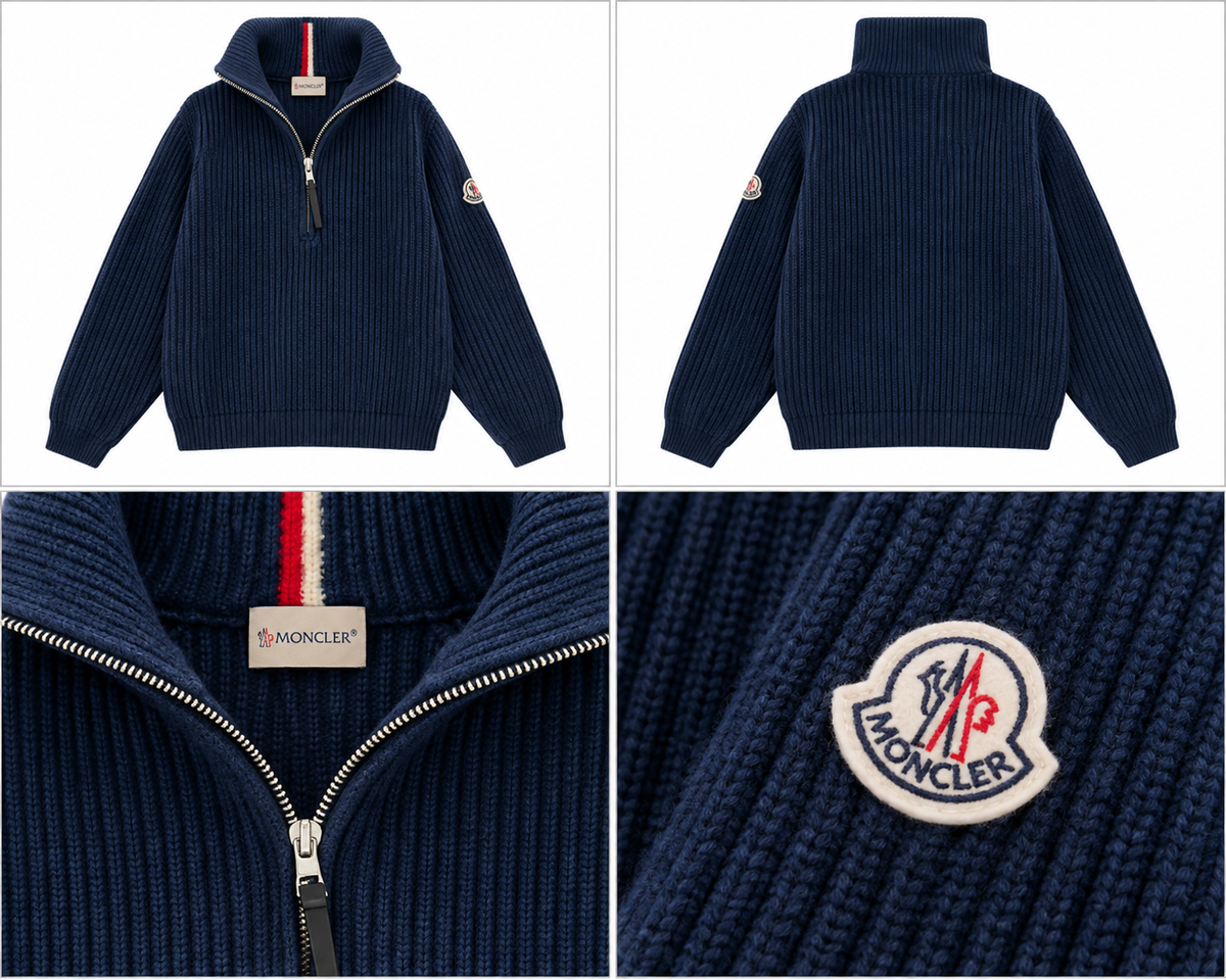 Moncler marineblå ribstrik med half-zip