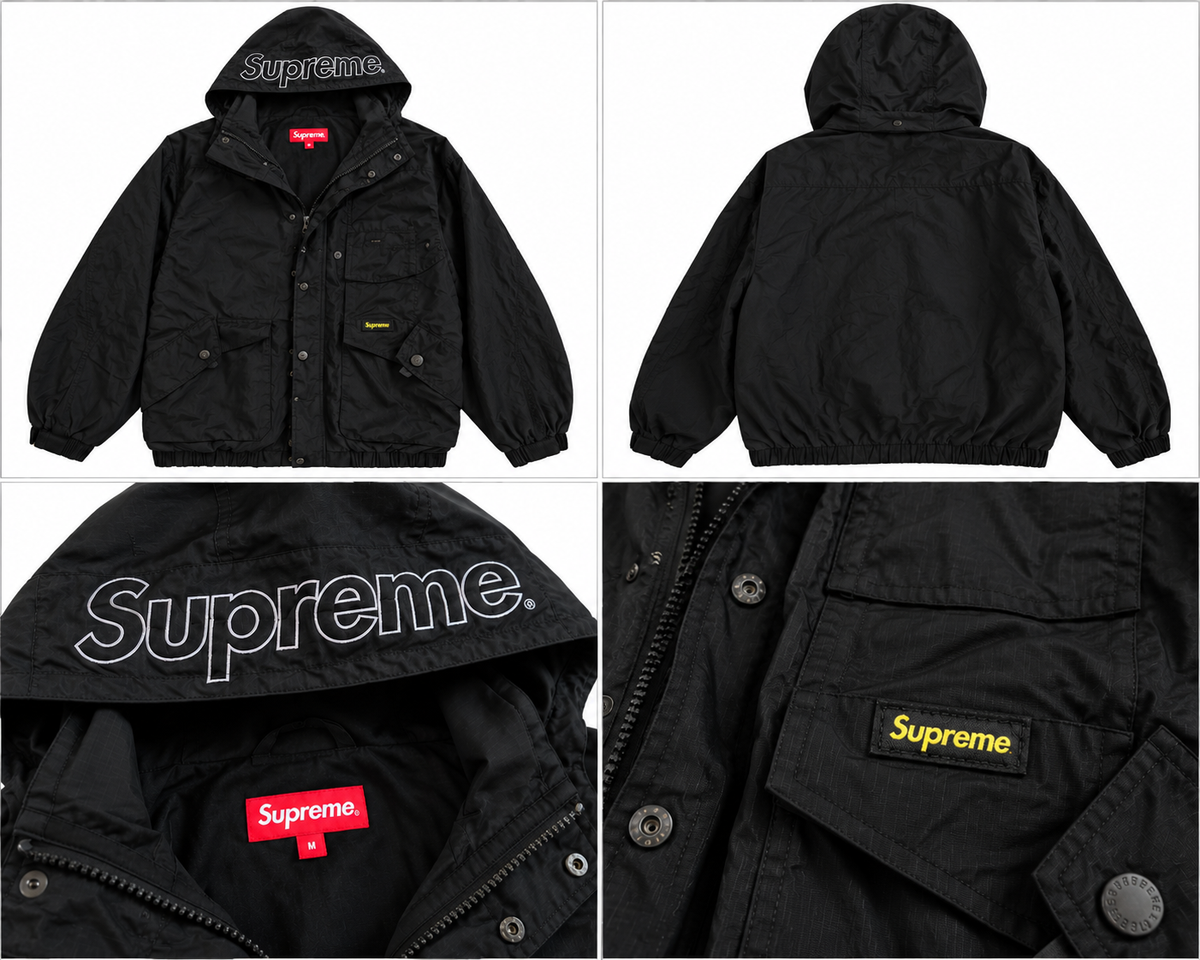 Supreme sort hættejakke med frontlommer