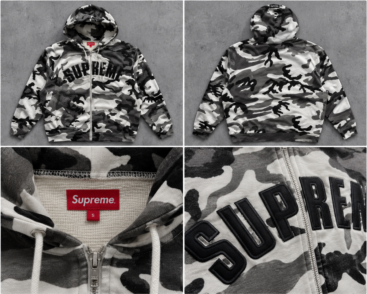 Supreme grå camouflage zip-hoodie med buelogo