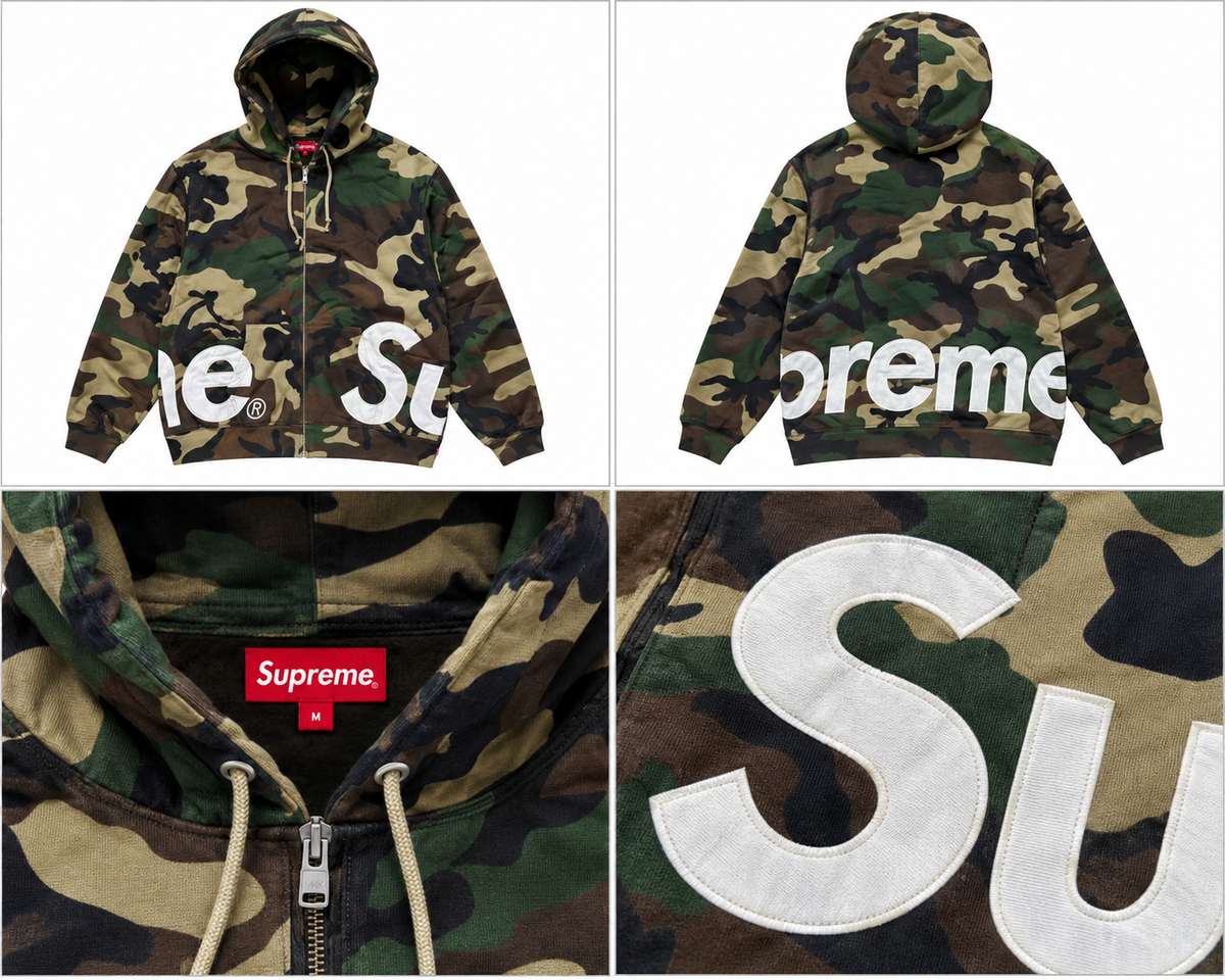 Supreme grøn camouflage zip-hoodie med stort hvidt logo