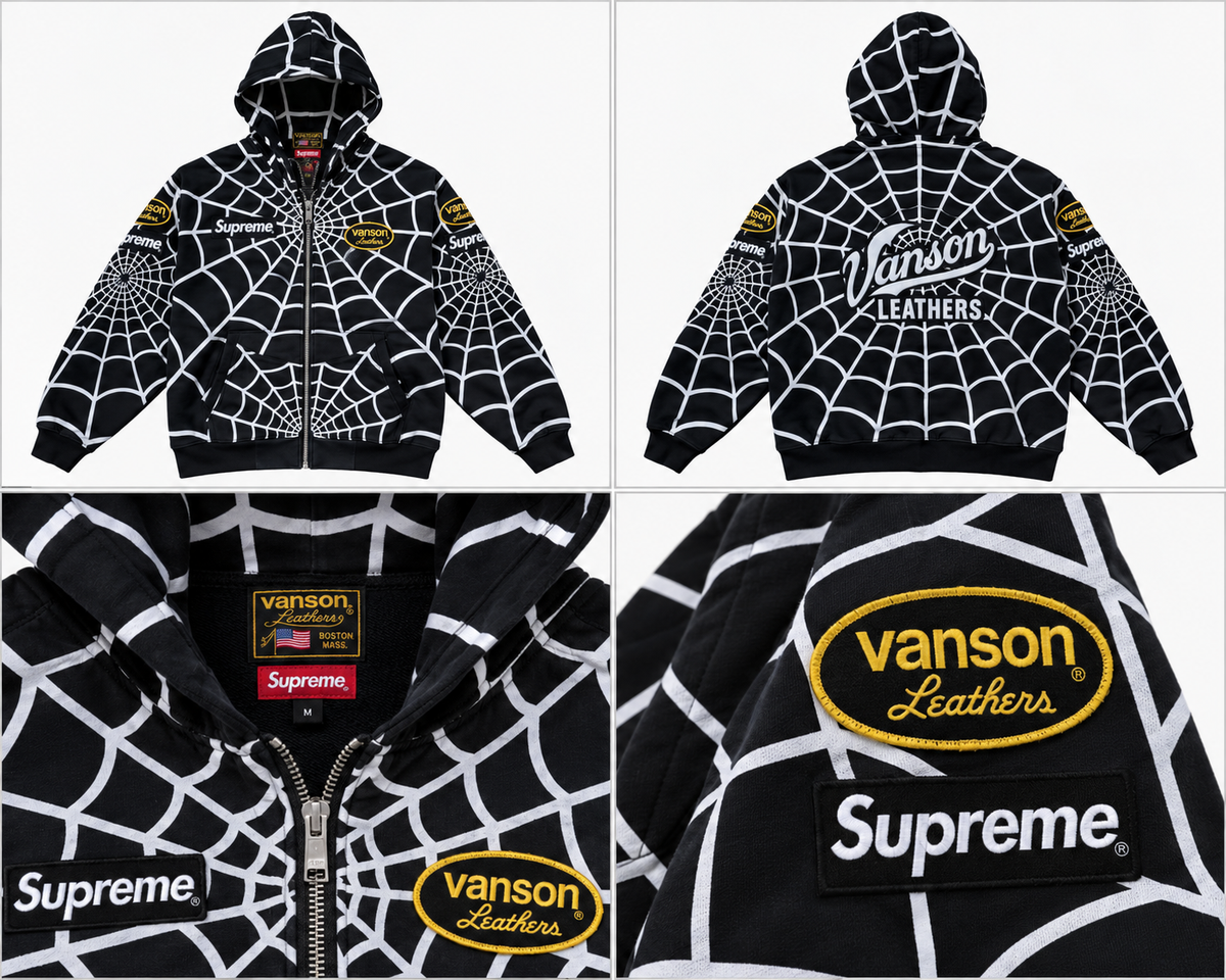 Supreme Vanson sort zip-hoodie med spindelvæv