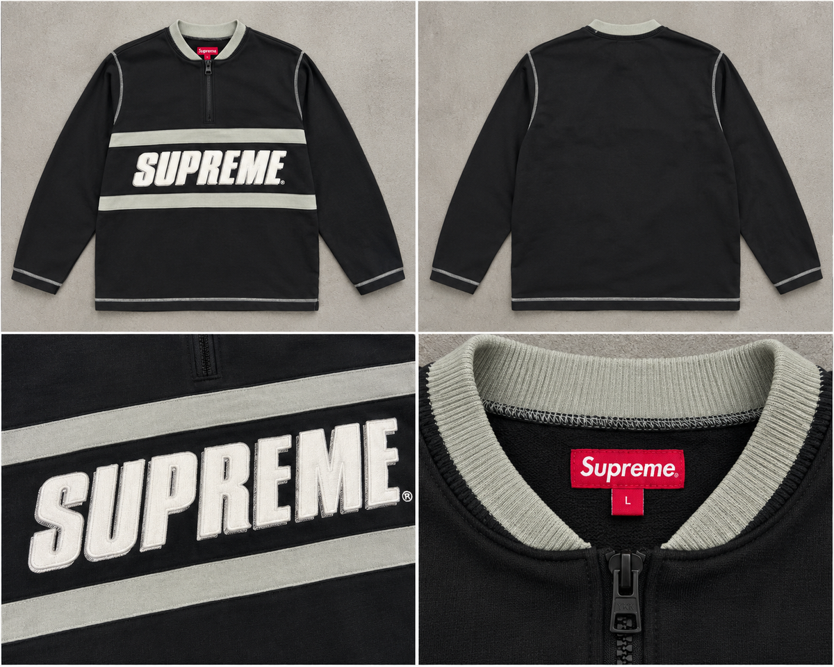 Supreme sort half-zip med lyse striber