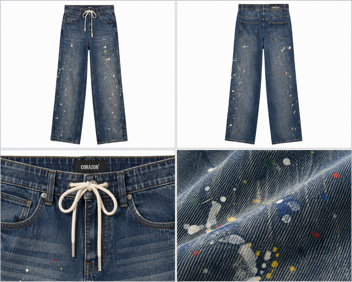 Blå jeans med farvestænk