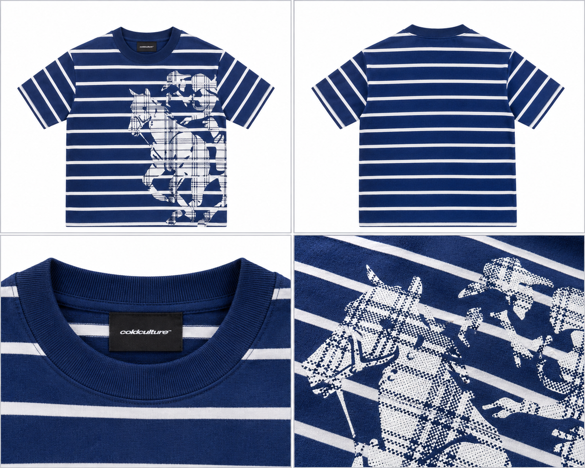 Cold Culture marineblå stribet T-shirt med ryttermotiv