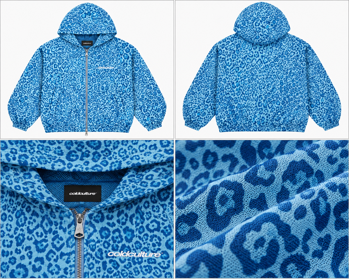 Cold Culture blå leopard-hoodie med lynlås