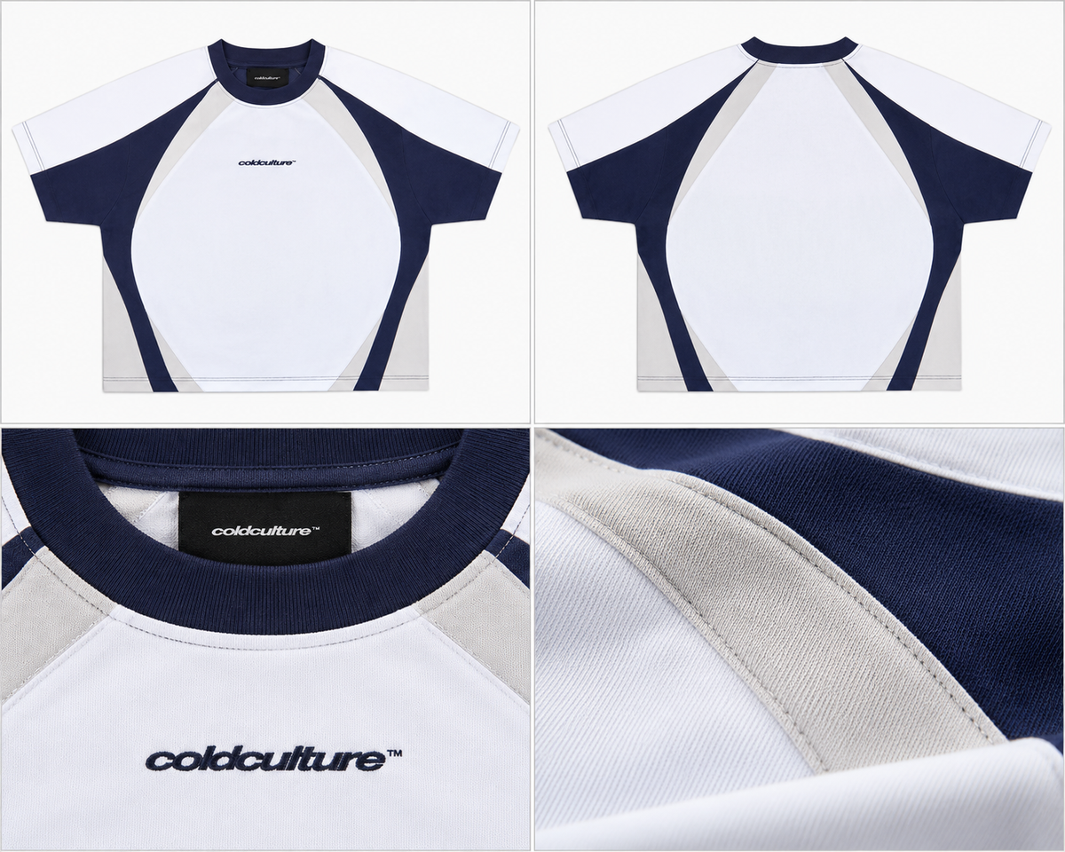 Cold Culture hvid T-shirt med marineblå paneler