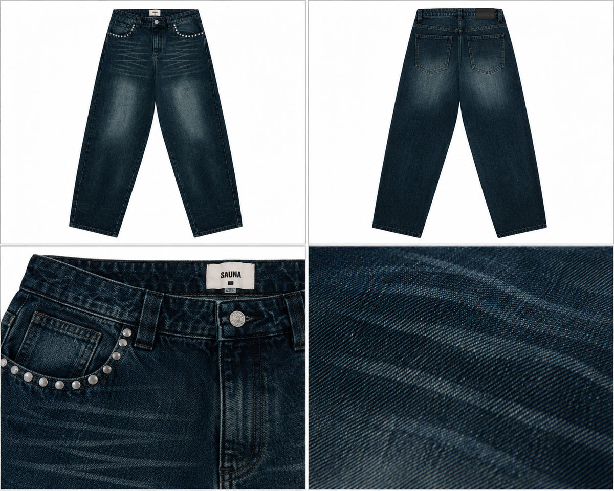 Mørkeblå jeans med nitter